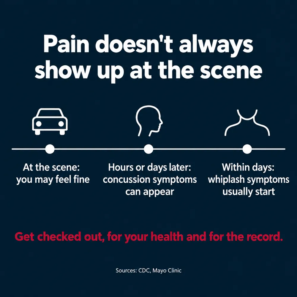 Pain doesn't always show up at the scene. At the scene, you may feel fine. Hours or days later, concussion symptoms can appear. Within days, whiplash symptoms usually start. Get checked out, for your health and for the record. Sources: CDC, Mayo Clinic.