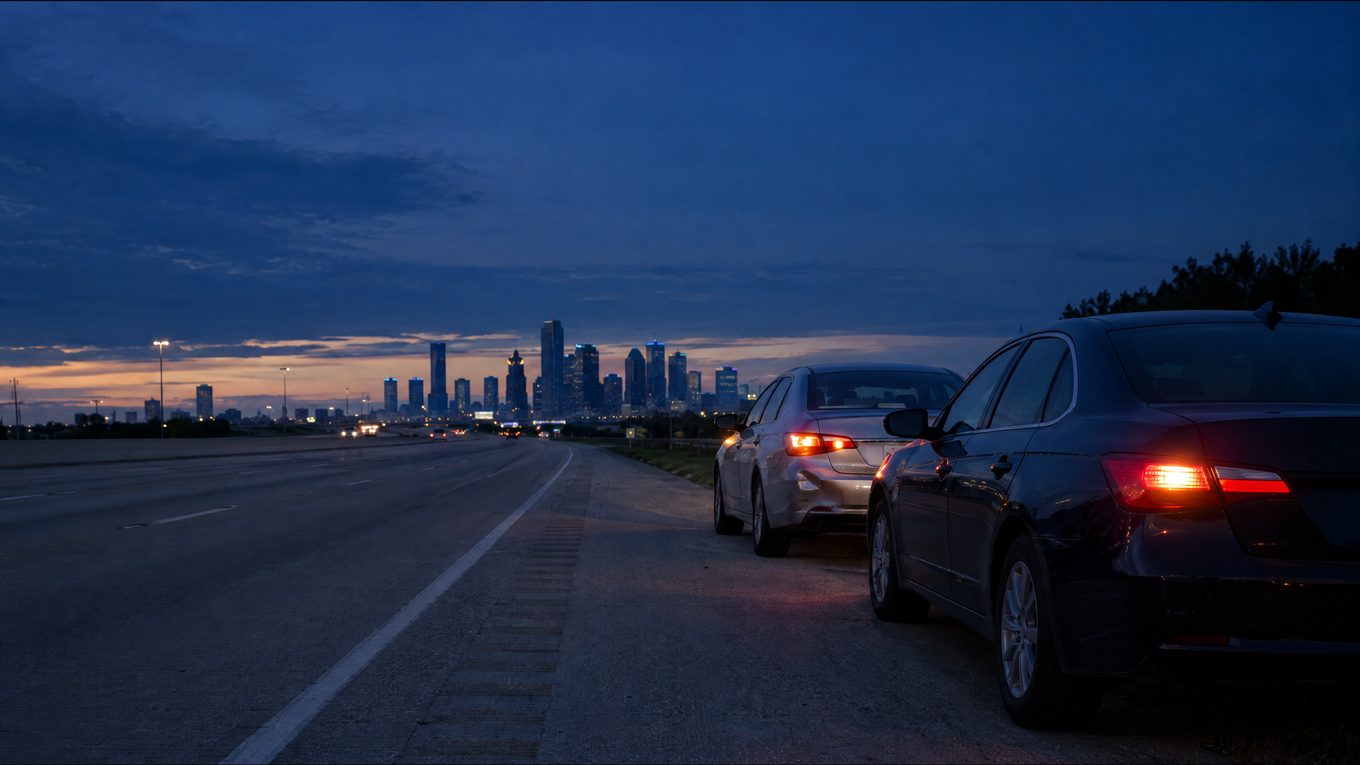 Two cars pulled over on the shoulder of a Houston freeway at dusk, taillights on, with the downtown skyline in the distance.