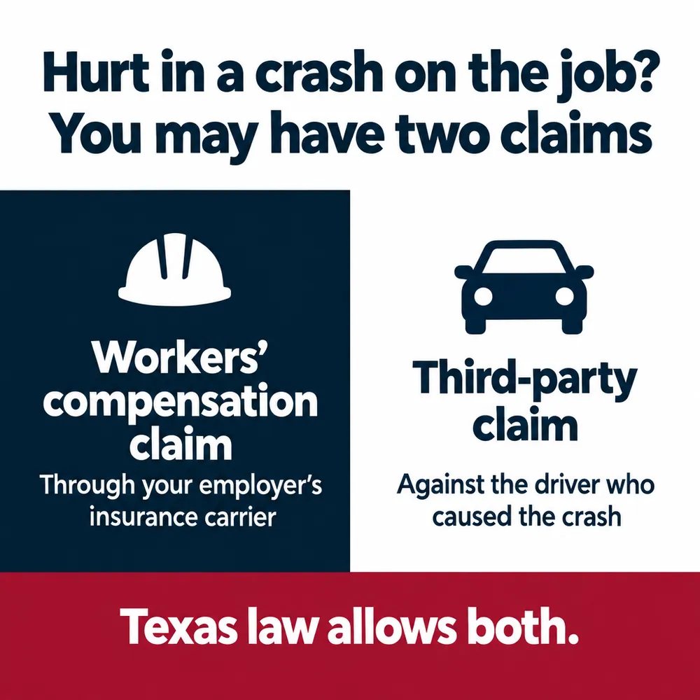 Hurt in a crash on the job? You may have two claims: a workers' compensation claim through your employer's insurance carrier, and a third-party claim against the driver who caused the crash. Texas law allows both.