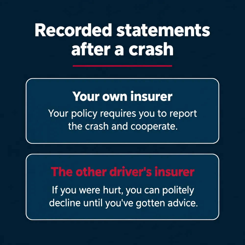 Recorded statements after a crash. Your own insurer: your policy requires you to report the crash and cooperate. The other driver's insurer: if you were hurt, you can politely decline until you've gotten advice.