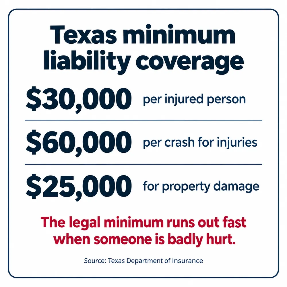 Texas minimum liability coverage: $30,000 per injured person, $60,000 per crash for injuries, $25,000 for property damage. The legal minimum runs out fast when someone is badly hurt. Source: Texas Department of Insurance.