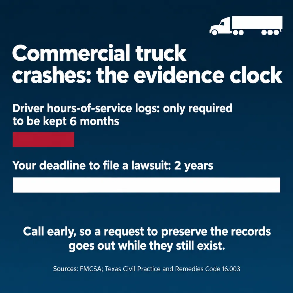 Commercial truck crashes, the evidence clock: driver hours-of-service logs are only required to be kept 6 months, while your deadline to file a lawsuit is 2 years. Call early, so a request to preserve the records goes out while they still exist. Sources: FMCSA; Texas Civil Practice and Remedies Code 16.003.