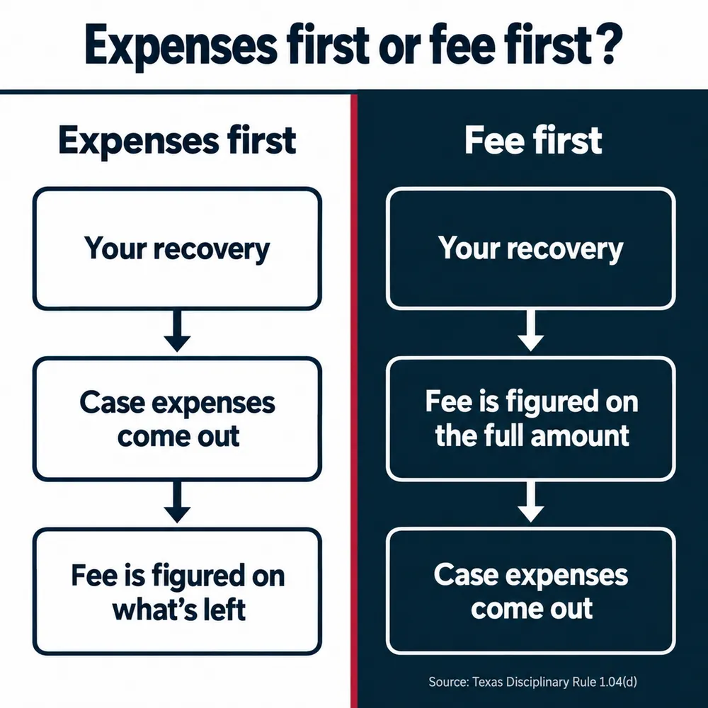 Expenses first or fee first? Two columns. Expenses first: your recovery, then case expenses come out, then the fee is figured on what's left. Fee first: your recovery, then the fee is figured on the full amount, then case expenses come out. Source: Texas Disciplinary Rule 1.04(d).