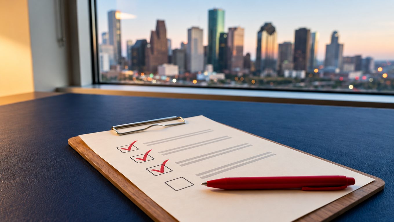 A clipboard checklist with three boxes ticked and a red pen, on a desk in front of a window overlooking the Houston skyline at dusk.