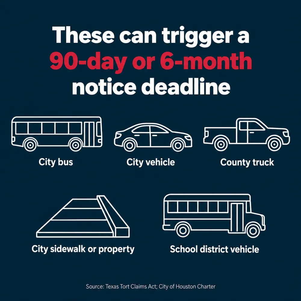 These can trigger a 90-day or 6-month notice deadline: a city bus, a city vehicle, a county truck, a city sidewalk or property, a school district vehicle. Source: Texas Tort Claims Act; City of Houston Charter.