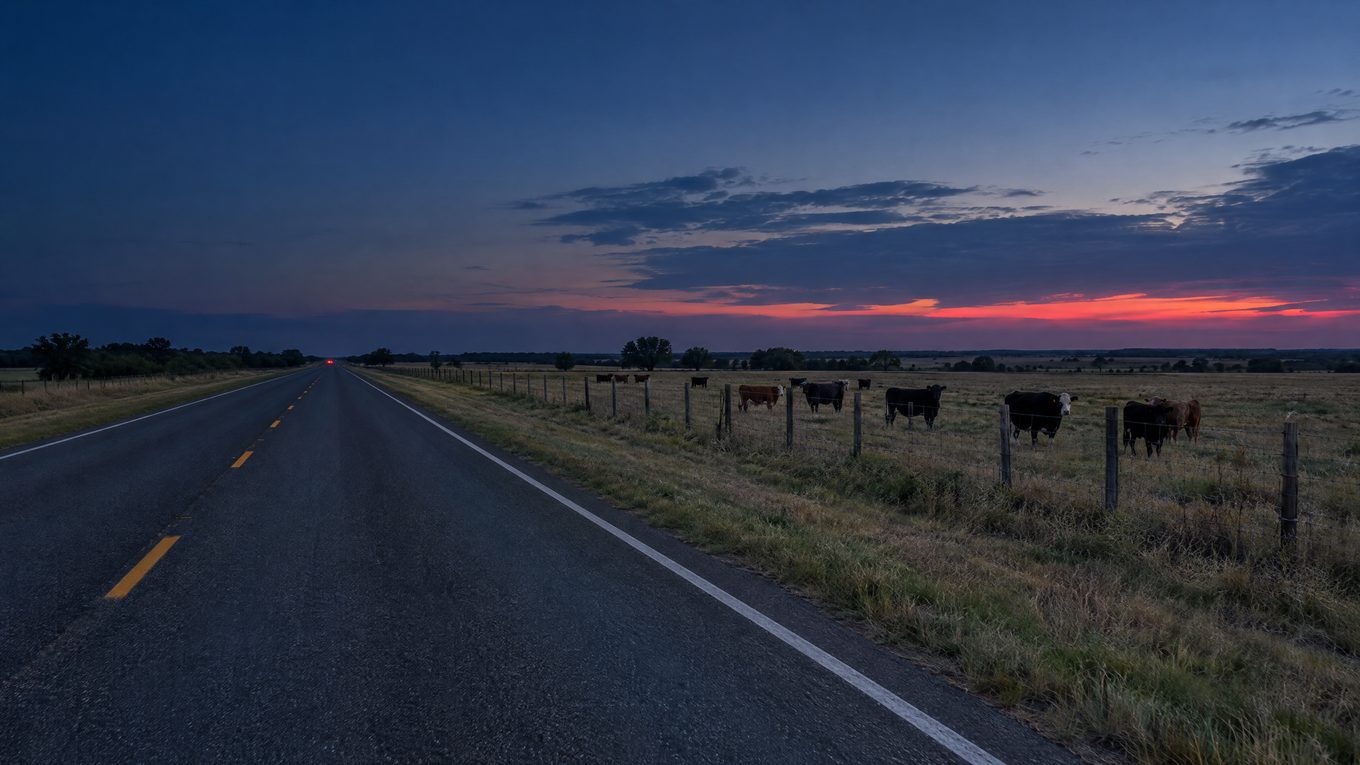 A two-lane Texas highway at dusk, with cattle grazing behind a barbed-wire fence along the shoulder.