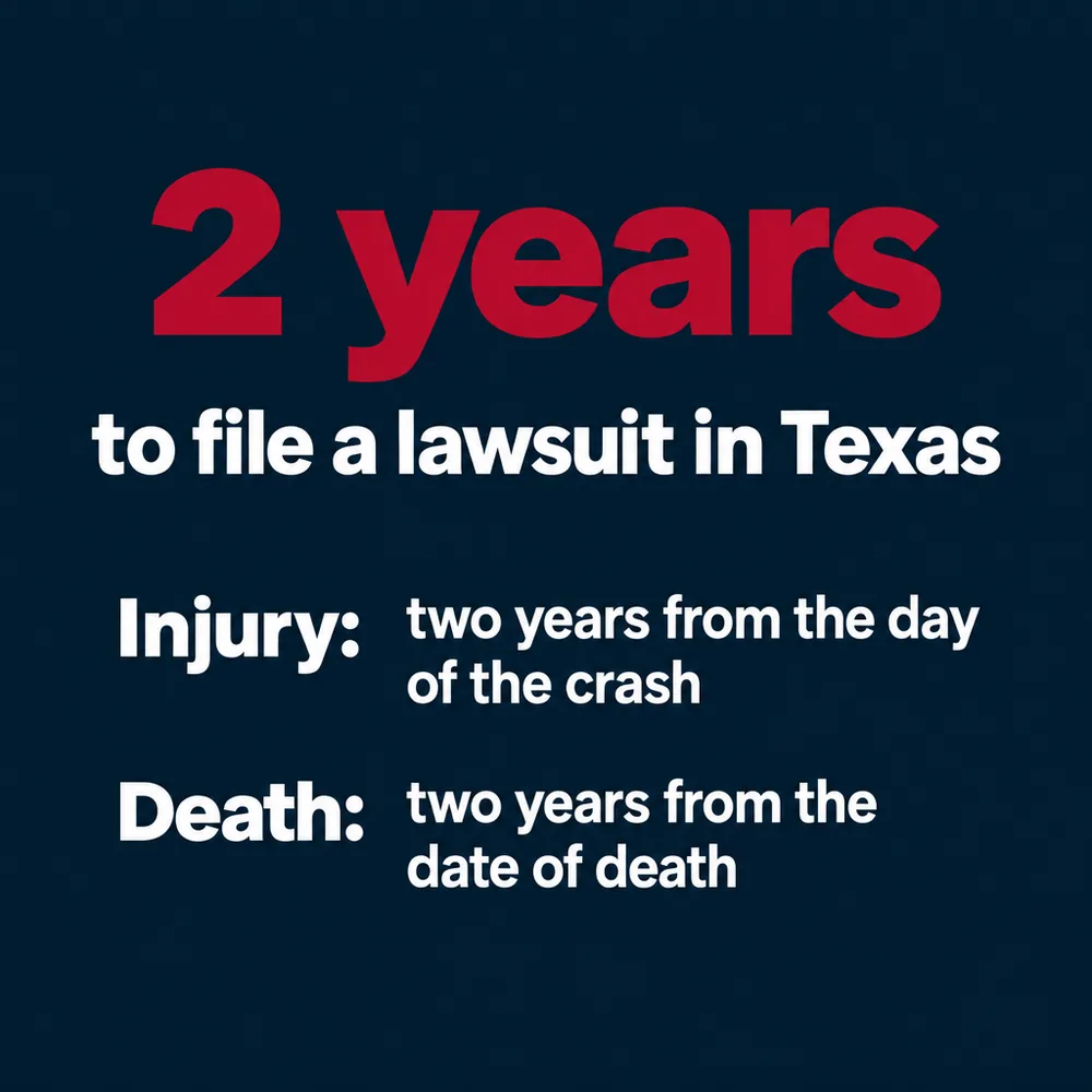2 years to file a lawsuit in Texas. Injury: two years from the day of the crash. Death: two years from the date of death.