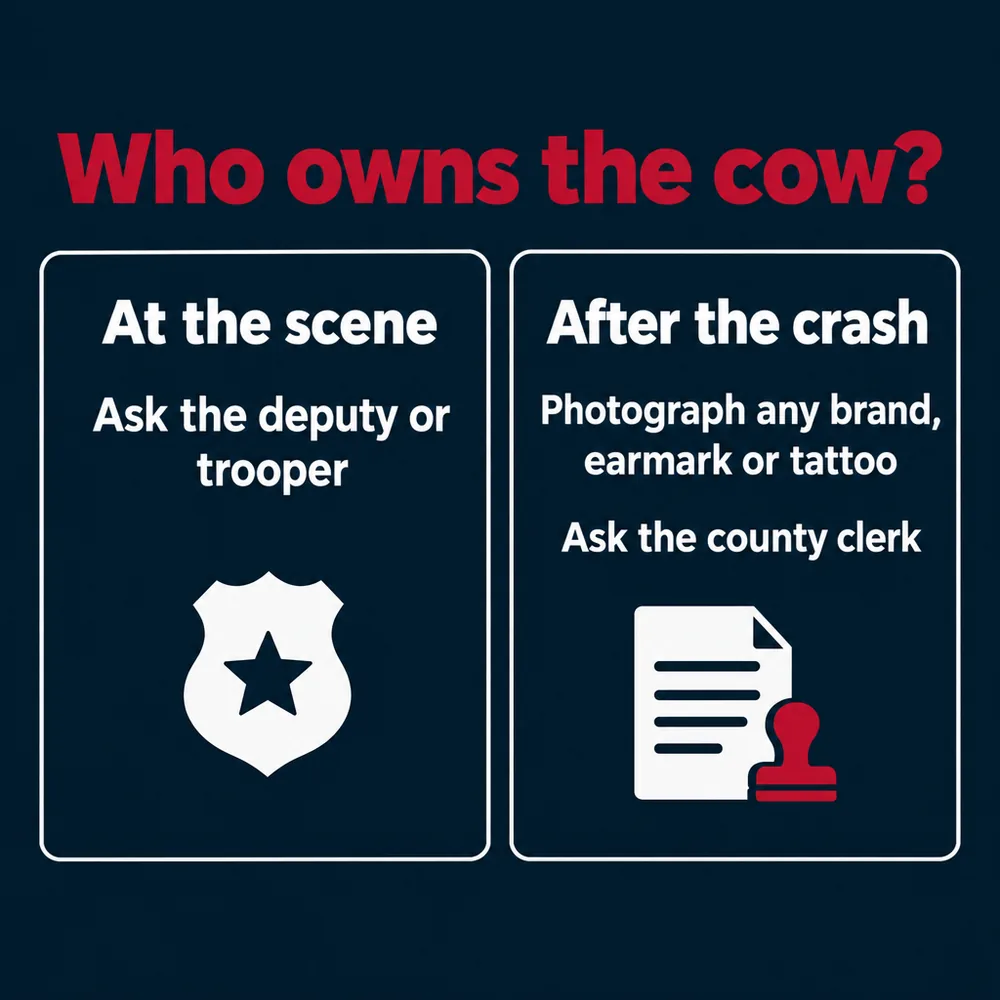 Who owns the cow? At the scene: ask the deputy or trooper. After the crash: photograph any brand, earmark or tattoo, and ask the county clerk.
