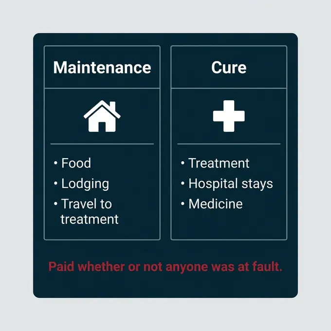 Two-panel card: maintenance covers food, lodging and travel to treatment; cure covers treatment, hospital stays and medicine