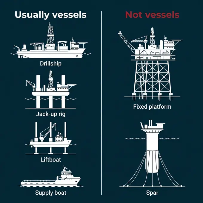 Comparison: drillships, jack-ups, liftboats and supply boats usually count as vessels; fixed platforms and spars do not