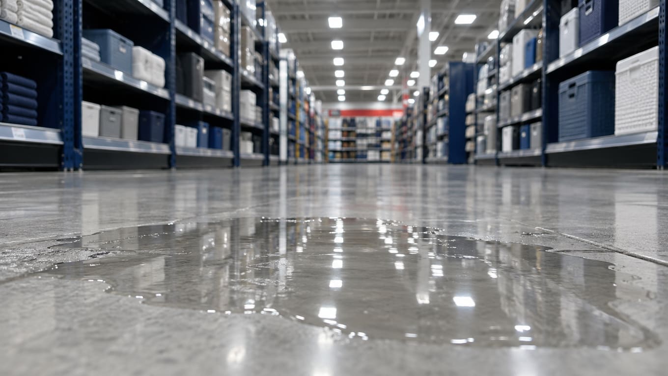 A spill of clear liquid pooled on the floor of a retail store aisle.