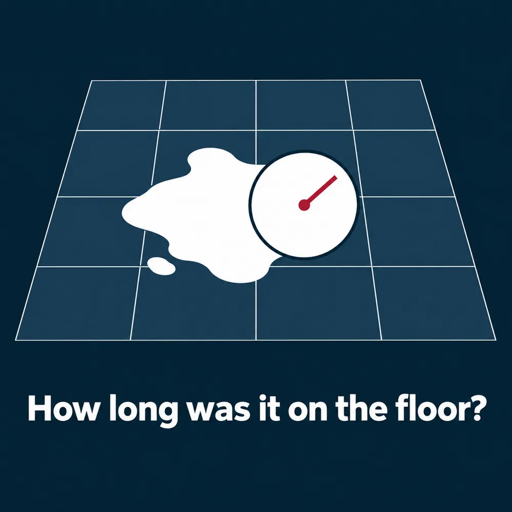 A stopwatch resting beside a spill on a tiled floor, above the question "How long was it on the floor?"