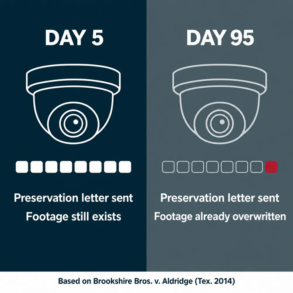 Two security cameras side by side. Day 5: preservation letter sent, footage still exists. Day 95: preservation letter sent, footage already overwritten. Based on Brookshire Bros. v. Aldridge (Tex. 2014).